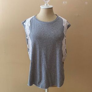 Grey and Beige Lace Trimmed Dropped Armhole 💯% Cotton Raw Edge Crew Neck Tank